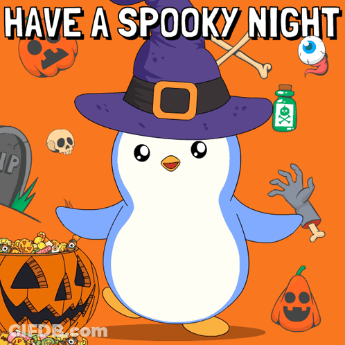 Penguin In Witch Hat Next To Pumpkin With Candy GIF