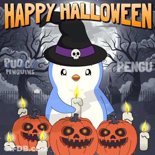 Penguin In Witch Hat With Pumpkins And Candles Happy Halloween GIF