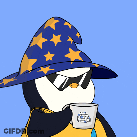 Penguin In Wizard Hat And Sunglasses Holding Coffee And Phone GIF