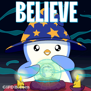 Penguin In Wizard Hat Holding Crystal Ball With Believe Sign GIF