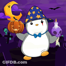Penguin In Wizard Hat Holding Pumpkin And Candle GIF
