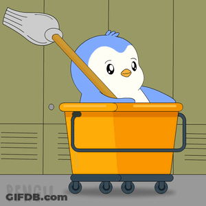 Penguin In Yellow Bucket With Mop GIF