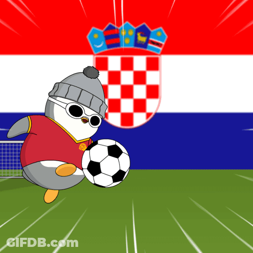 Penguin Kicking Soccer Ball In Front Of Croatia Flag GIF