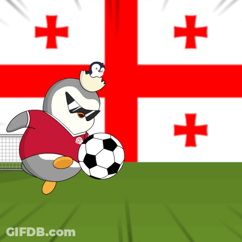 Penguin Kicking Soccer Ball With Flag GIF