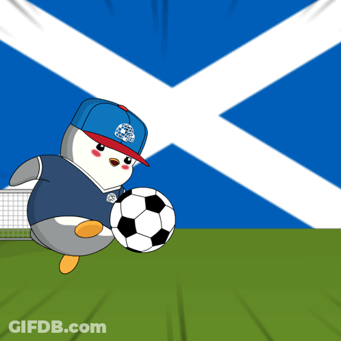 Penguin Kicking Soccer Ball With Flag GIF