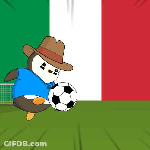 Penguin Kicking Soccer Ball With Flag GIF