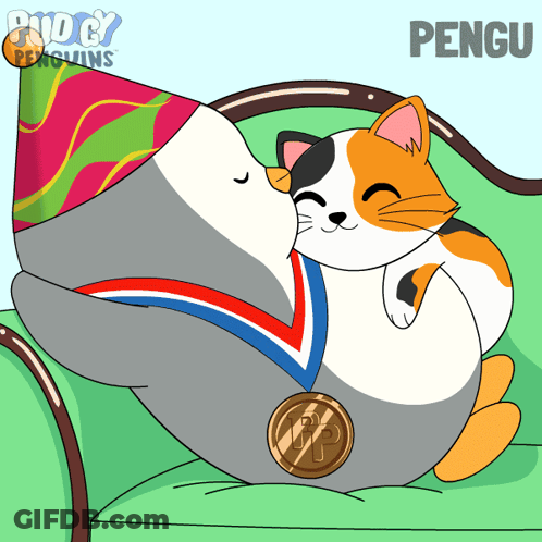 Penguin Kissing Cat Wearing Medal And Party Hat GIF