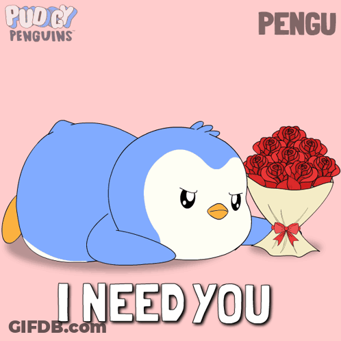 Penguin Laying Down Holding Red Roses Saying I Need You GIF
