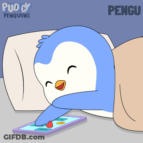 Penguin Laying On Bed Using Cell Phone With Word Pengu GIF