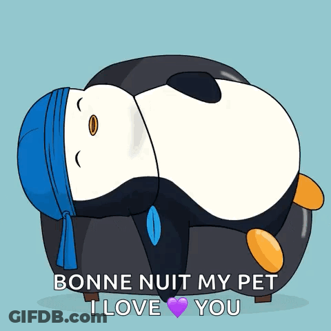 Penguin Laying On Couch Saying Bonne Nuit My Pet I Love You GIF