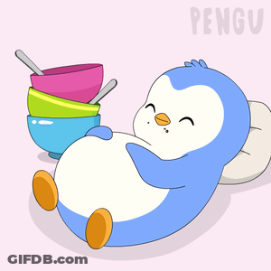 Penguin Laying On Pillow Next To Bowls Saying Pengu GIF