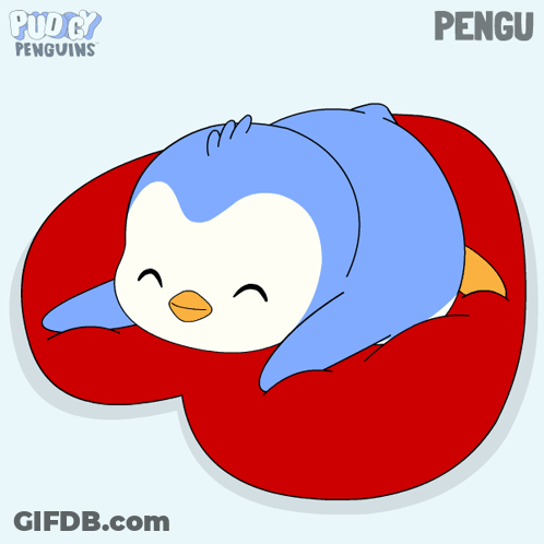 Penguin Laying On Red Pillow With Puddy Penguins GIF