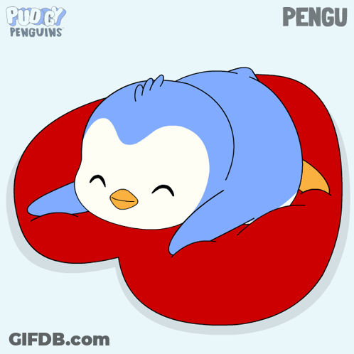 Penguin Laying On Red Pillow With Puddy Penguins GIF