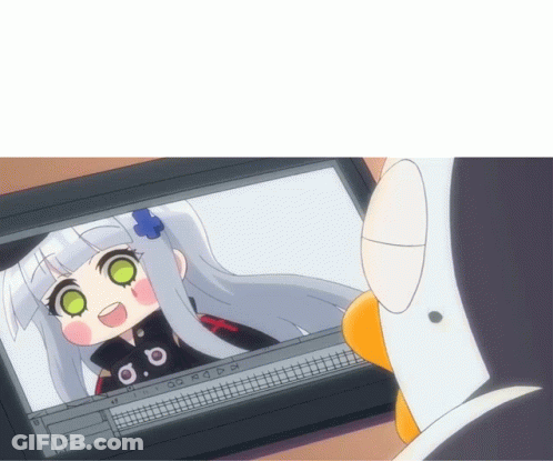 Penguin Looking At Girl On Computer Screen GIF