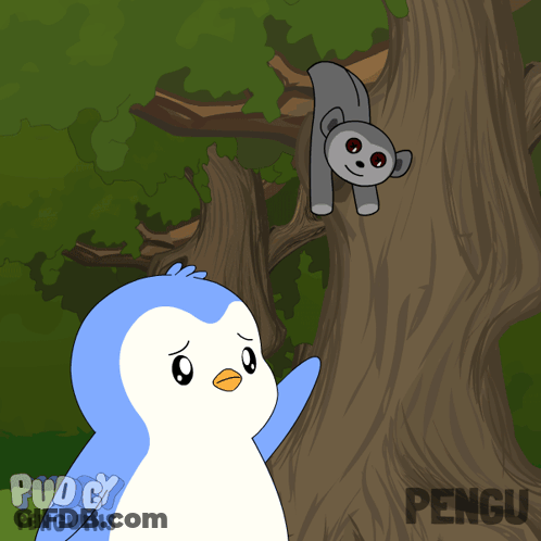 Penguin Looking At Lemur Hanging From Tree With Word Pengu GIF