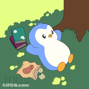 Penguin Lying In Grass With Books And Potato Chips GIF