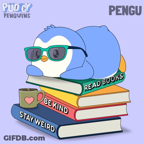 Penguin Lying On Books With Coffee GIF