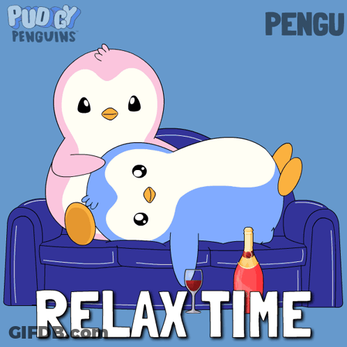 Penguin Lying On Pink Pillow Saying Relax GIF