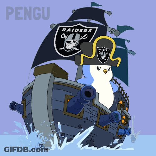 Penguin On Boat With Raiders Flag GIF