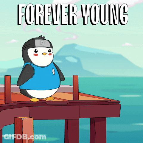 Penguin On Dock Saying Forever Young GIF
