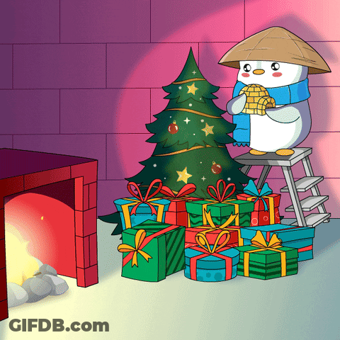 Penguin On Ladder Next To Gifts And Christmas Tree GIF