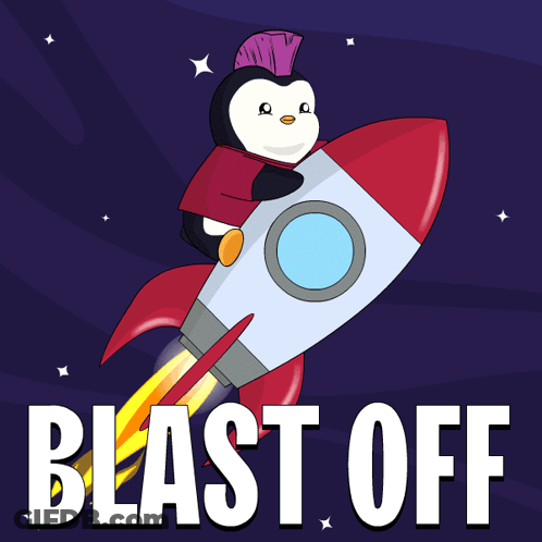 Penguin On Rocket Saying Blast Off GIF
