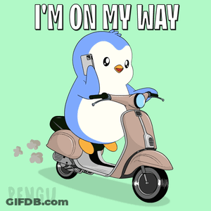 Penguin On Scooter Saying I'm On My Way GIF