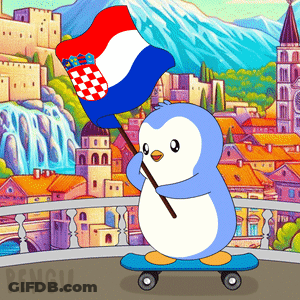 Penguin On Skateboard Holding Flag Saying Pengu GIF