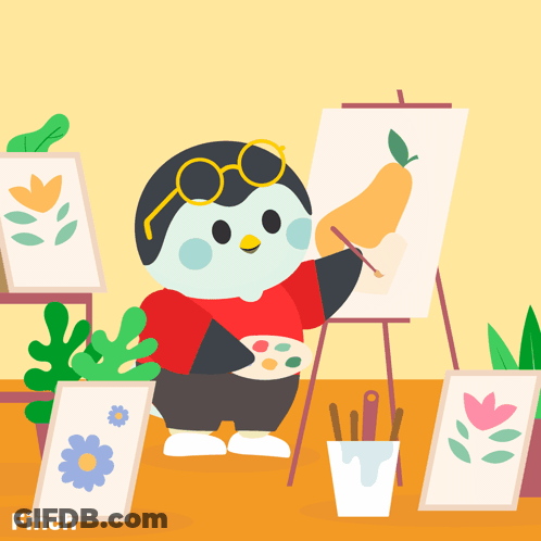 Penguin Painting Pear On Easel GIF