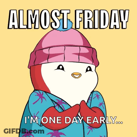 Penguin Pink Hat Blue Sweater Saying Almost Friday GIF