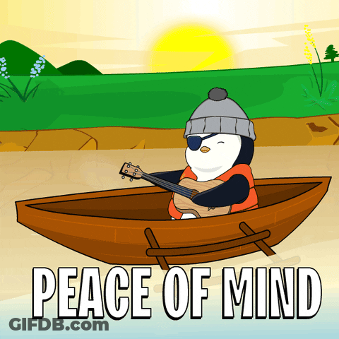 Penguin Playing Guitar In Boat Saying Peace Of Mind GIF