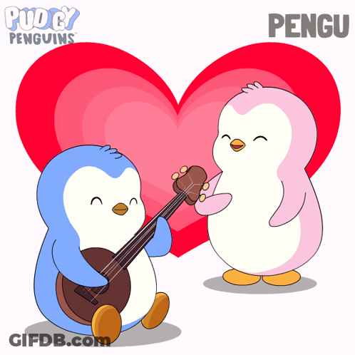 Penguin Playing Guitar Next To Another With Word Pengu GIF