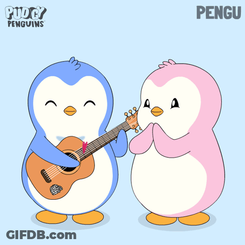 Penguin Playing Guitar Next To Penguin With Hearts GIF