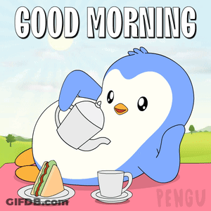 Penguin Pouring Tea Next To Sandwich And Coffee GIF