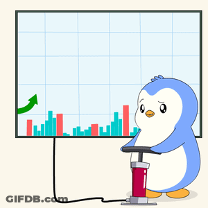 Penguin Pumping Up Graph With Arrow Going Up GIF