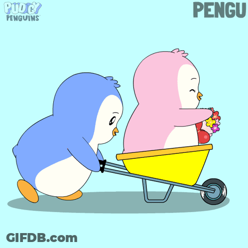 Penguin Pushing Another Penguin In Wheelbarrow With Word Pengu GIF