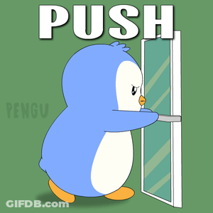 Penguin Pushing Door Saying Push GIF
