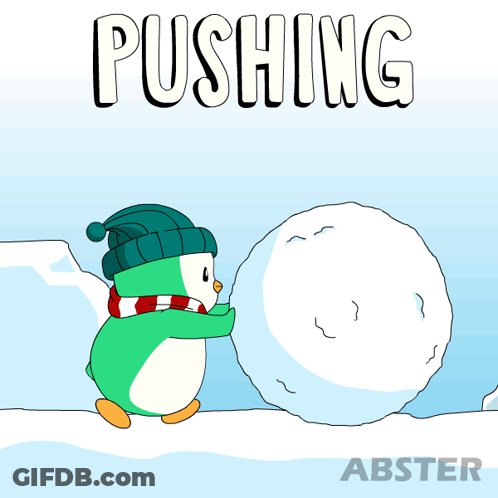 Penguin Pushing Large Snowball GIF