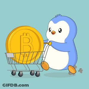 Penguin Pushing Shopping Cart With Gold Coin B GIF