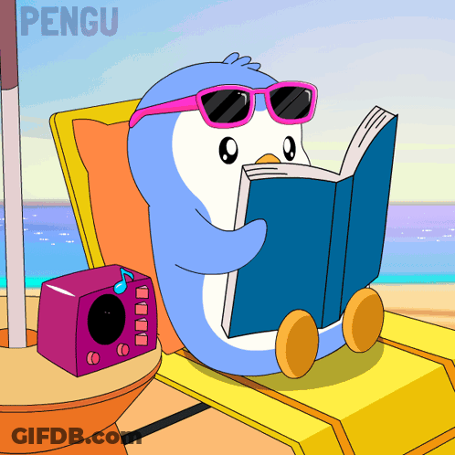 Penguin Reading Book Beside Purple Box Saying Pengu GIF