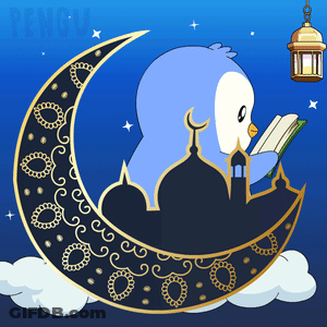 Penguin Reading Book On Crescent Moon GIF