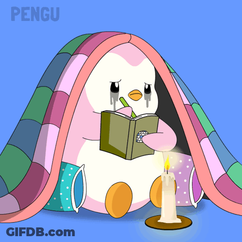 Penguin Reading Book Under Blanket With Word Pengu GIF