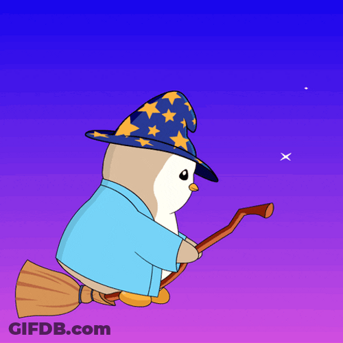 Penguin Riding Broom Wizard GIF