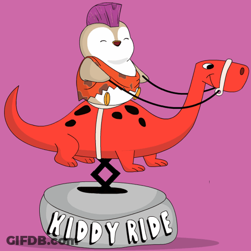 Penguin Riding Red Dinosaur Kiddy Ride GIF