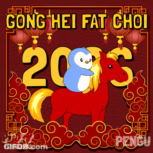 Penguin Riding Red Horse Gong Hei Fat Cho GIF