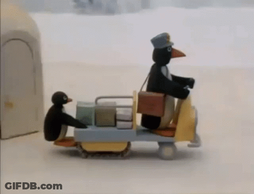 Penguin Riding Scooter With Bag GIF