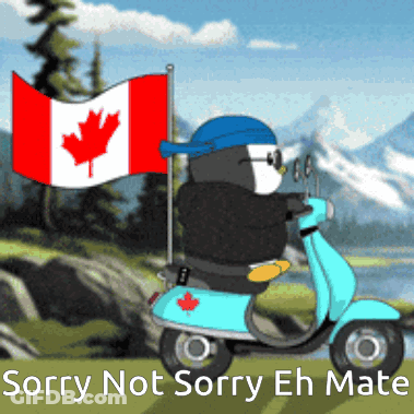 Penguin Riding Scooter With Canadian Flag GIF
