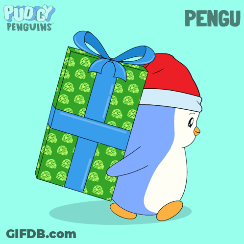 Penguin Santa Hat Carrying Gift Box Bow GIF