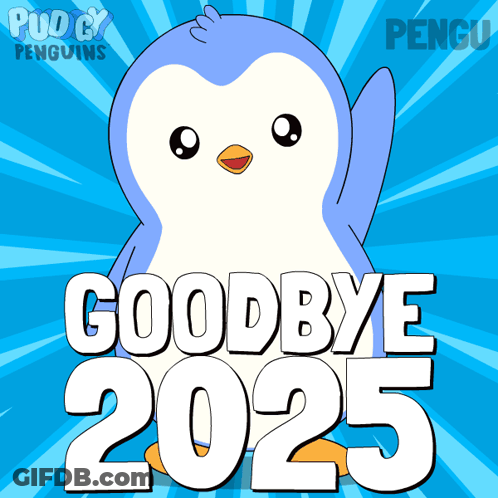 Penguin Says Goodbye 2025 White Letters GIF