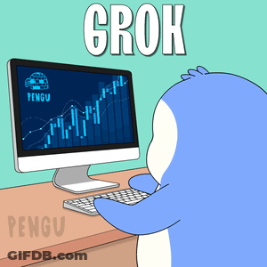 Penguin Sitting At Computer With Grok GIF